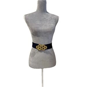Vintage 80's Karen Scott Stretch Belt Gold Buckle Navy Blue Sz LG Stretch To 36"